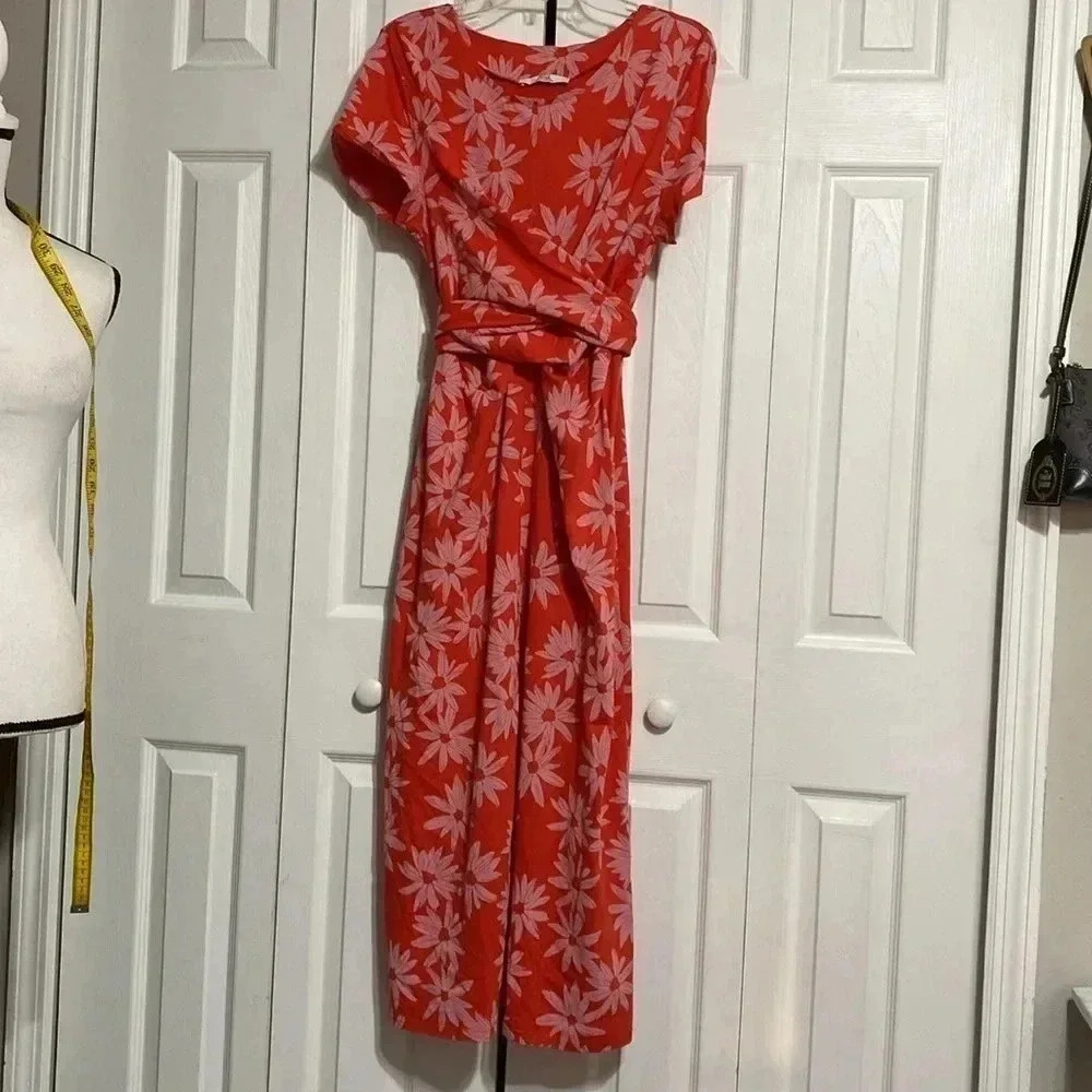 Red Floral Tie-Waist Women's Dress